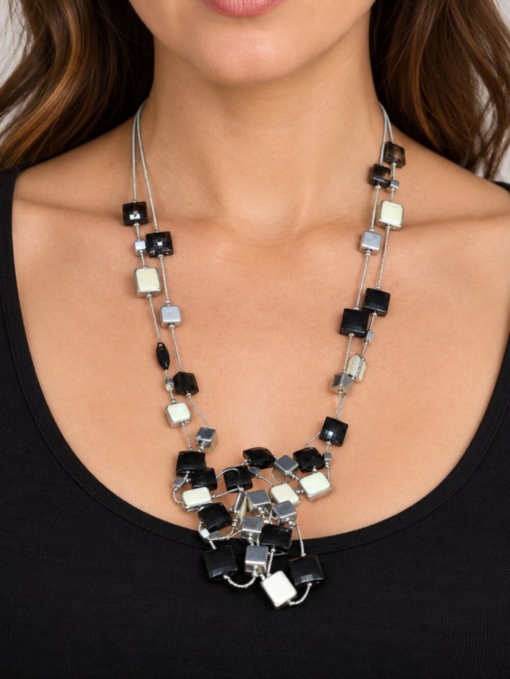 New York & Company Black White Square Bead Double Strand Statement Necklace